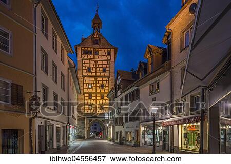 Stock Photo - Hussenstraße with Schnetz gate, on the right at the back museum Hus-Haus, night shot, Constance, Baden-Württemberg, Germany, Europe. Fotosearch