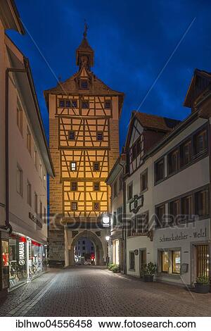 Stock Photo - Hussenstraße with Schnetz gate, on the right at the back museum Hus-Haus, night shot, Constance, Baden-Württemberg, Germany, Europe. Fotosearch