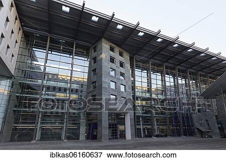 Stock Photo - IKB Deutsche Industriebank AG, Head Office Düsseldorf, glass facade in the inner courtyard, North Rhine-Westphalia, Germany, Europe. Fotosearch