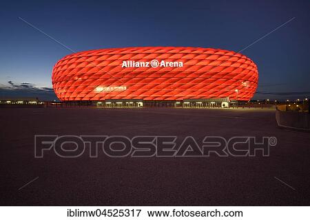 Illuminated Allianz-Arena at the blue hour, Munich, Upper Bavaria, Bavaria, Germany, Europe View Large Photo Image Stock Photo - Illuminated Allianz-Arena at the blue hour, Munich, Upper Bavaria, Bavaria, Germany, Europe. Fotosearch