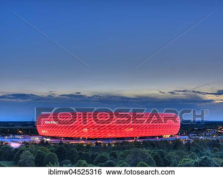 Illuminated Allianz-Arena at the blue hour, Munich, Upper Bavaria, Bavaria, Germany, Europe View Large Photo Image Stock Photograph - Illuminated Allianz-Arena at the blue hour, Munich, Upper Bavaria, Bavaria, Germany, Europe. Fotosearch