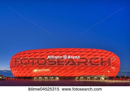 Illuminated Allianz Arena at the blue hour, Munich, Upper Bavaria, Bavaria, Germany, Europe View Large Photo Image Stock Photography - Illuminated Allianz Arena at the blue hour, Munich, Upper Bavaria, Bavaria, Germany, Europe. Fotosearch