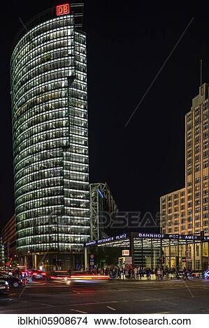 Picture - Illuminated high-rise buildings at night, Potsdamer Platz, Berlin, Germany, Europe. Fotosearch