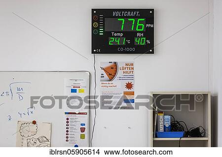 Picture - In a physics room at the Robert-Havemann-Gymnasium in Karow, a CO2 monitor displays the CO2 concentration (PPM), temperature and humidity (RH), Berlin, Germany, Europe. Fotosearch