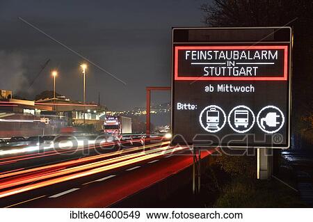 Stock Photo - Information sign fine particles alarm on the motorway, Stuttgart, Baden-Württemberg, Germany, Europe. Fotosearch