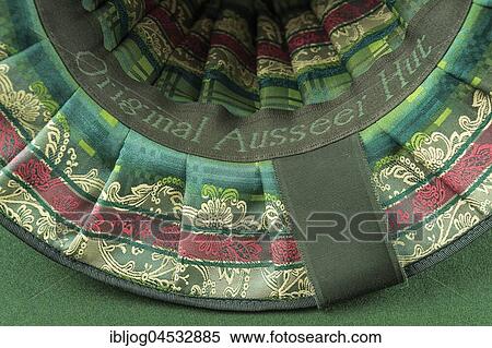 Stock Photography - Inner lining of a wool felt hat, multicolored, with hatband, Anna Plochel Hut, Hatmacher, Bad Aussee, Styria, Austria, Europe. Fotosearch