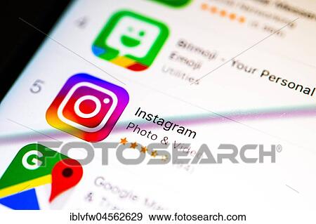 Instagram app in the Apple App Store, social network, app icon, display on a screen from mobile phone, iPhone, iOS, smartphone, macro recording, detail, full size View Large Photo Image Stock Photo - Instagram app in the Apple App Store, social network, app icon, display on a screen from mobile phone, iPhone, iOS, smartphone, macro recording, detail, full size. Fotosearch