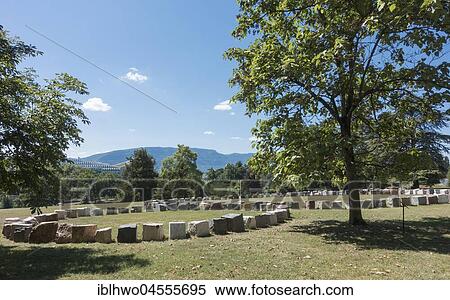 Stock Photography - Installation The ReBirth, stone circles with 193 different stones with the names of the UN Member States, 2015 by M. Pistoletto, Ariana Park, Palais des Nations, UNOG, Geneva, Switzerland, Europe. Fotosearch