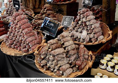 Stock Image - Italian salami sausage on a street market, Ystad, Scania, Sweden, Europe. Fotosearch
