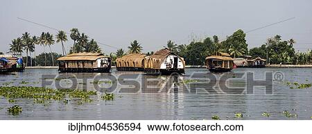 Picture - Kettuvallams, Houseboats, Backwaters near Alappuzha, Malabar Coast, Kerala, India, Asia. Fotosearch