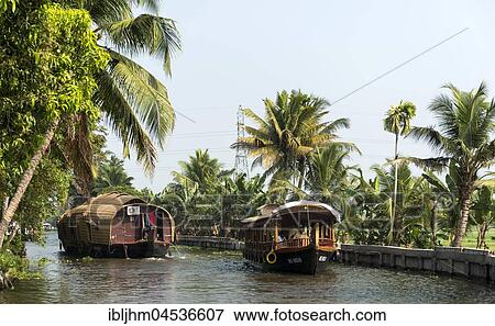 Stock Photo - Kettuvallams, Houseboats, Backwaters near Alappuzha, Malabar Coast, Kerala, India, Asia. Fotosearch