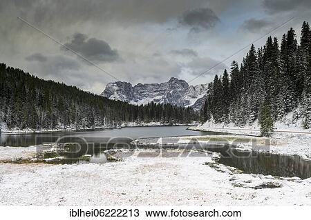 Lago di Misurina, morning mood with first snow, Dolomites, Italy, Europe View Large Photo Image Stock Image - Lago di Misurina, morning mood with first snow, Dolomites, Italy, Europe. Fotosearch