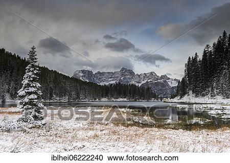 Stock Image - Lago di Misurina, morning mood with first snow, Dolomites, Italy, Europe. Fotosearch
