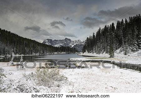 Lago di Misurina, morning mood with first snow, Dolomites, Italy, Europe View Large Photo Image Stock Photo - Lago di Misurina, morning mood with first snow, Dolomites, Italy, Europe. Fotosearch
