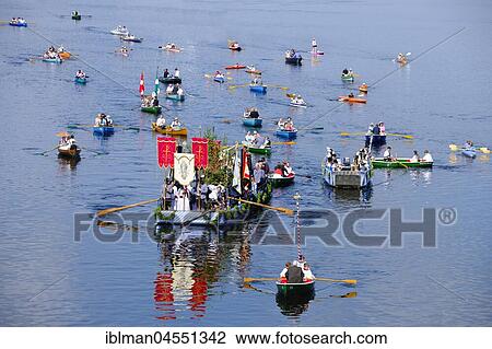 Stock Image - Lake procession on Corpus Christi, Corpus Christi procession, Staffelsee, Seehausen am Staffelsee, The Blue Land, Upper Bavaria, Bavaria, Germany, Europe. Fotosearch