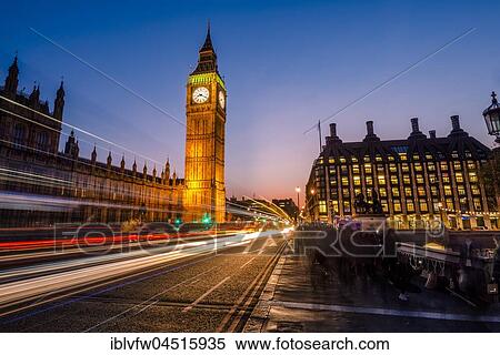 Light trails in front of Big Ben, dusk, evening light, sunset, Houses of Parliament, Westminster Bridge, City of Westminster, London, London region, England, United Kingdom, Europe View Large Photo Image Stock Photography - Light trails in front of Big Ben, dusk, evening light, sunset, Houses of Parliament, Westminster Bridge, City of Westminster, London, London region, England, United Kingdom, Europe. Fotosearch