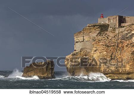 Lighthouse Farol de Nazare, high waves, Nazare, Portugal, Europe View Large Photo Image Stock Photo - Lighthouse Farol de Nazare, high waves, Nazare, Portugal, Europe. Fotosearch