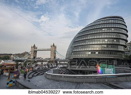 Stock Photo - London City Hall, City Hall and Tower Bridge, More London Riverside, Southwark, London, England, United Kingdom, Europe. Fotosearch