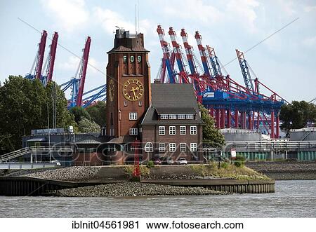 Lotsenhaus Seemannshöft with nautical center in front of loading cranes, Hamburg harbor, Hamburg, Germany, Europe View Large Photo Image Stock Image - Lotsenhaus Seemannshöft with nautical center in front of loading cranes, Hamburg harbor, Hamburg, Germany, Europe. Fotosearch
