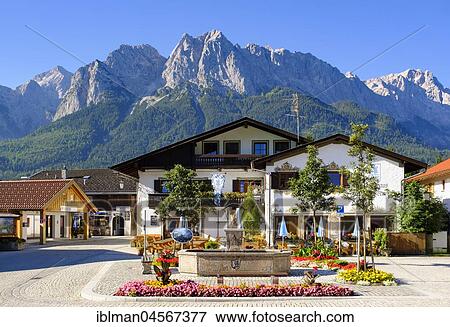 Lower village square, Grainau, Wetterstein range with Alpspitze, Waxenstein and Zugspitze, Werdenfelser Land, Upper Bavaria, Bavaria, Germany, Europe View Large Photo Image Stock Photo - Lower village square, Grainau, Wetterstein range with Alpspitze, Waxenstein and Zugspitze, Werdenfelser Land, Upper Bavaria, Bavaria, Germany, Europe. Fotosearch