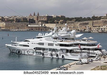 Luxury yacht Indian Empress, Marina at Dockyard Creek, view of Valletta, Vittoriosa, Birgu, The Three Cities, Malta, Europe View Large Photo Image Stock Photo - Luxury yacht Indian Empress, Marina at Dockyard Creek, view of Valletta, Vittoriosa, Birgu, The Three Cities, Malta, Europe. Fotosearch