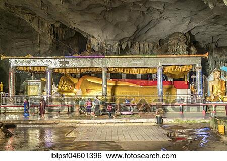 Stock Photograph - Lying Buddha in Saddan Cave, Hpa-an, Myanmar, Asia. Fotosearch