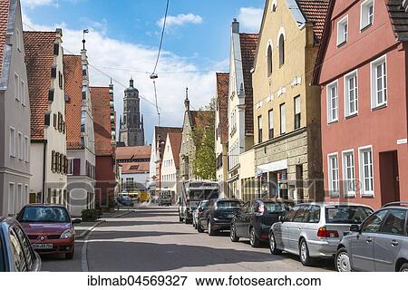 Löpsingerstraße, in the back St. George's Church, church tower Daniel, Nördlingen, Swabia, Bavaria, Germany, Europe View Large Photo Image Stock Photo - Löpsingerstraße, in the back St. George's Church, church tower Daniel, Nördlingen, Swabia, Bavaria, Germany, Europe. Fotosearch