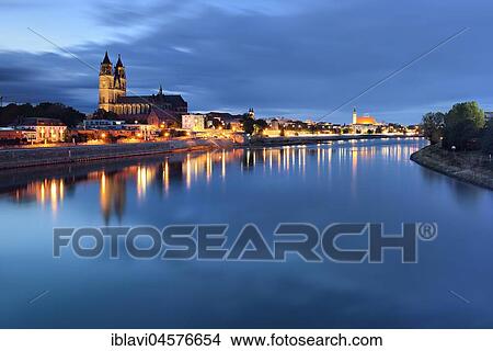 Picture - Magdeburger Dom at the river Elbe, twilight, Magdeburg, Saxony-Anhalt, Germany, Europe. Fotosearch