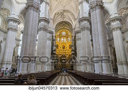 Stock Image - Main nave, Capilla Mayor, Cathedral Catedral Santa Maria de la Encarnacion, Granada, Andalusia, Spain, Europe. Fotosearch