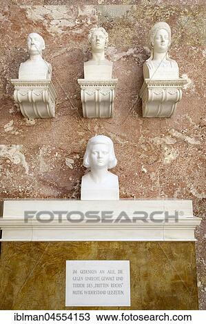 Stock Image - Marble busts 125-128 with Sophie Scholl, Walhalla, Donaustauf, Upper Palatinate, Bavaria, Germany, Europe. Fotosearch