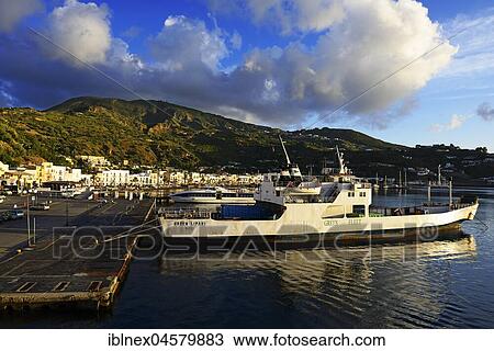Stock Image - Marina Longa with ferry, Lipari Island, Lipari Islands, Italy, Europe. Fotosearch