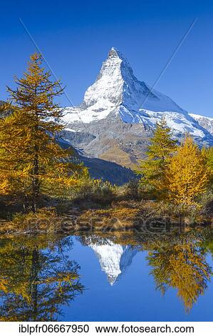Stock Image - Matterhorn and Lake Grindji, Valais, Switzerland, Europe. Fotosearch