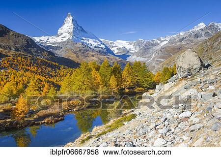 Stock Photo - Matterhorn and Lake Grindji, Valais, Switzerland, Europe. Fotosearch