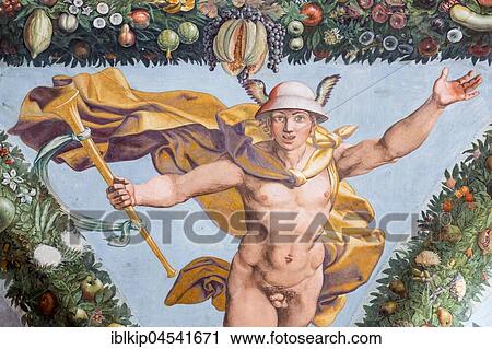 Stock Image - Mercury, Loggia of Cupid at Psyche, fresco by Giulio Romano, Villa Farnesina, Rome, Italy, Europe. Fotosearch