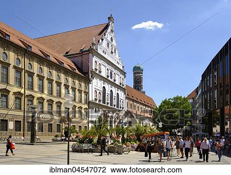 Stock Image - Michaelskirche and church tower from the cathedral, pedestrian zone, Neuhauser Straße, old town, Munich, Upper Bavaria, Bavaria, Germany, Europe. Fotosearch