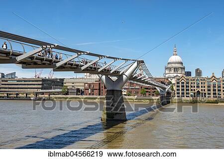 Stock Photo - Millenium Bridge and St Paul's Cathedral, Thames, London, England, Great Britain. Fotosearch