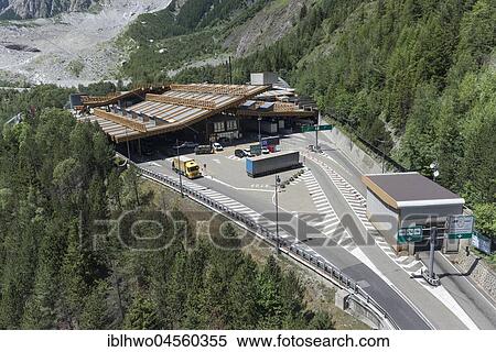 Stock Photography - Mont-Blanc tunnel, toll station and tunnel entrance on the Italian side, aerial view, Courmayeur, Valle d' Aosta, Autonomous Region of Val d' Aosta, Italy, Europe. Fotosearch