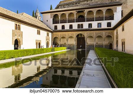 Moorish, Court of the Myrtles, Patio de los Arrayanes, Comares Palace, Palacios Nazaries, Nasrid palaces, Alhambra, Granada, UNESCO World Heritage Site, Andalusia, Spain, Europe View Large Photo Image Stock Photography - Moorish, Court of the Myrtles, Patio de los Arrayanes, Comares Palace, Palacios Nazaries, Nasrid palaces, Alhambra, Granada, UNESCO World Heritage Site, Andalusia, Spain, Europe. Fotosearch