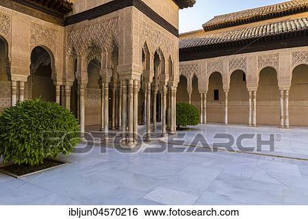 Stock Photograph - Moorish, Lionyard, Patio de los Leones, Palacios Nazaries, Nasrid palaces, Alhambra, Granada, UNESCO World Heritage Site, Andalusia, Spain, Europe. Fotosearch