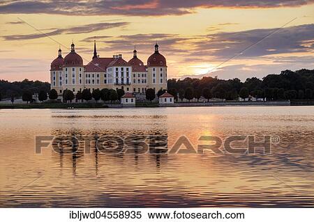 Stock Photography - Moritzburg castle with lake, sunset, Saxony, Germany, Europe. Fotosearch