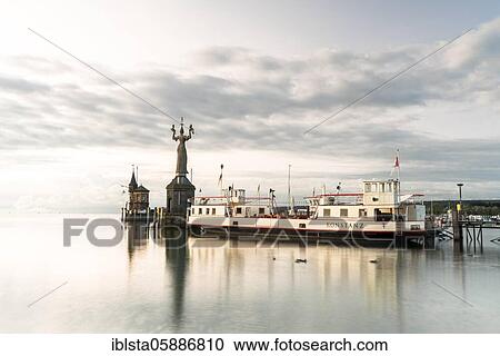 Stock Image - Morning atmosphere, old ferry Constance with Imperia in the harbour, Lake Constance, Constance, Baden-Württemberg, Germany, Europe. Fotosearch