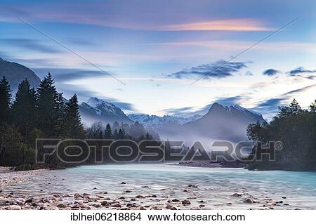 Morning atmosphere on the banks of the Soca, Bovec, Slovenia, Europe View Large Photo Image Picture - Morning atmosphere on the banks of the Soca, Bovec, Slovenia, Europe. Fotosearch