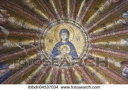 Picture - Mosaic of the Virgin Mother with child, north dome of the inner narthex, Chora church, Chora church museum, Istanbul, Turkey, Asia. Fotosearch