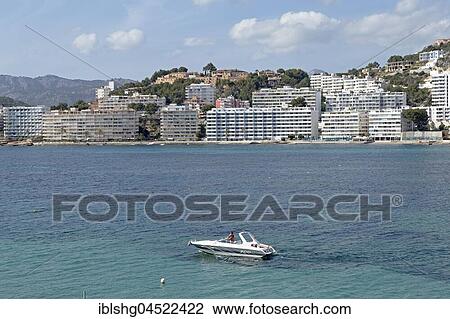 Stock Image - Motor yacht in front of Santa Ponca, Majorca, Spain, Europe. Fotosearch