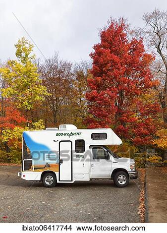 Picture - Motorhome in front of autumnally discoloured trees, White Mountains, New Hampshire, USA, North America. Fotosearch