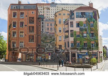 Stock Image - Mur des Canuts or Wall of the silk workers, La Croix Rousse, Lyon, Rhône Alpes, France, Europe. Fotosearch