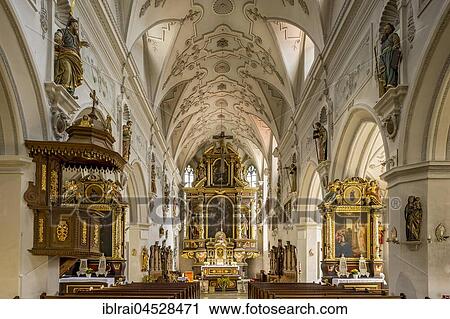 Stock Image - Nave with pulpit and altar room, parish church St. Johannes Baptist, Pfaffenhofen, Oberbayern, Bavaria, Germany, Europe. Fotosearch