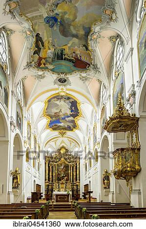 Stock Image - Nave with pulpit and choir, Basilica of the Holy Cross, Cloister Scheyern, Benedictine abbey, district Pfaffenhofen an der Ilm, Upper Bavaria, Bavaria, Germany, Europe. Fotosearch