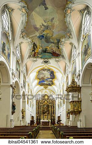 Stock Image - Nave with pulpit and choir, Basilica of the Holy Cross, Cloister Scheyern, Benedictine abbey, district Pfaffenhofen an der Ilm, Upper Bavaria, Bavaria, Germany, Europe. Fotosearch