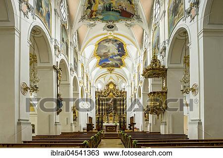 Stock Image - Nave with pulpit and choir, Basilica of the Holy Cross, Cloister Scheyern, Benedictine abbey, district Pfaffenhofen an der Ilm, Upper Bavaria, Bavaria, Germany, Europe. Fotosearch